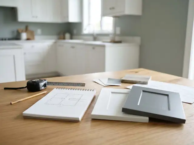Tape measure, sketch pad and cabinet door samples on a table in a white kitchen