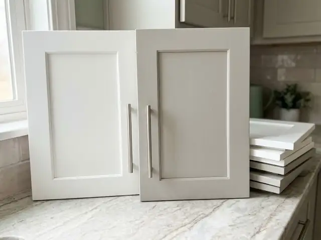 Painted white and gray shaker cabinet door samples on a stone counter